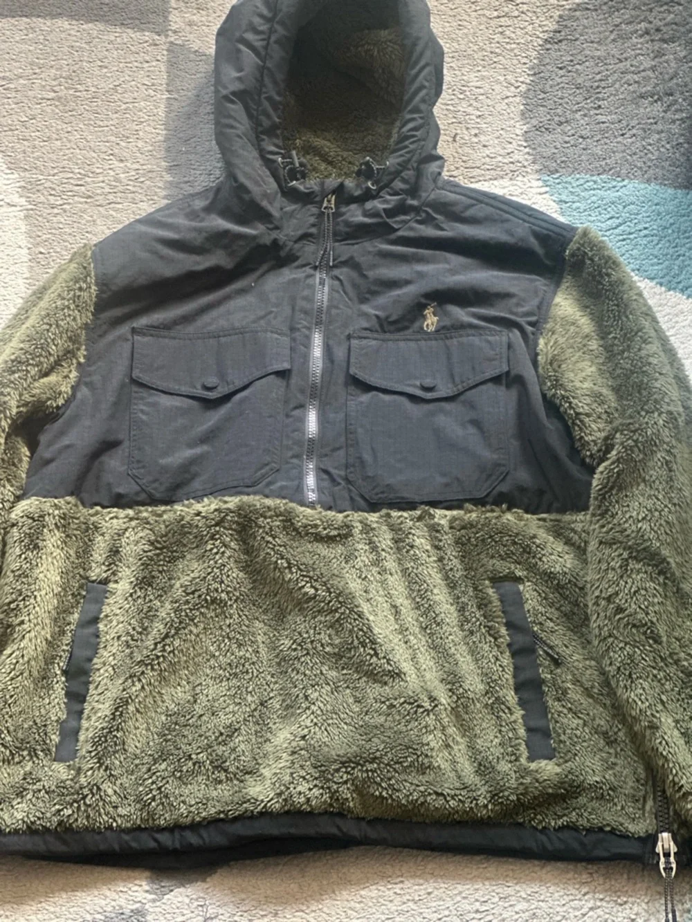 Polo by Ralph Lauren Olive Green and Black Hooded Sherpa Jacket - Picture 4 of 5